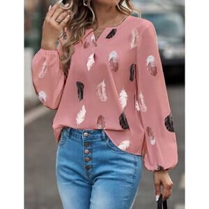 SHEIN Feather Print Notched Balloon-Sleeve Blouse - Medium